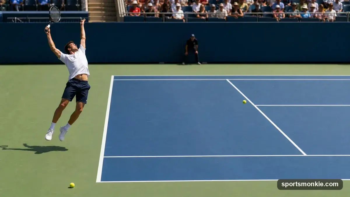 A tennis player serving with the ball crossing the net, representing a serve fault
