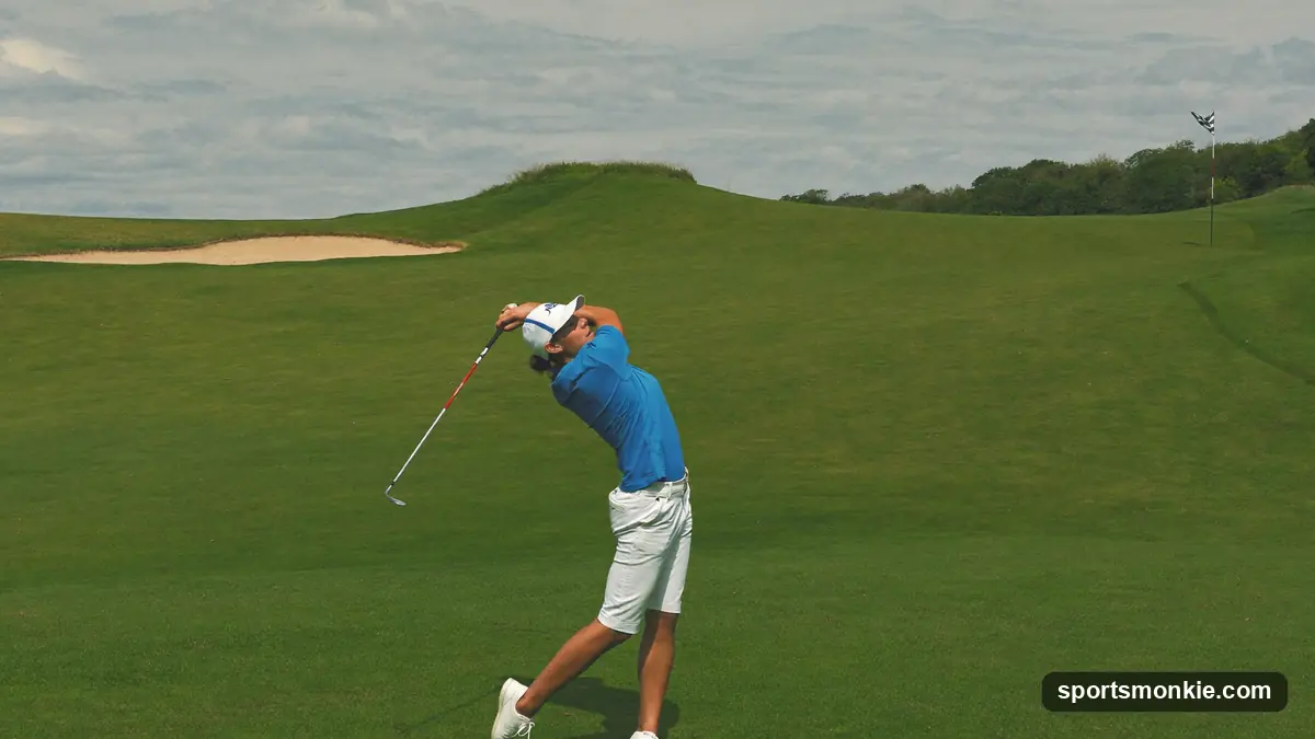 Golfer holding the FedEx Cup trophy on the 18th green