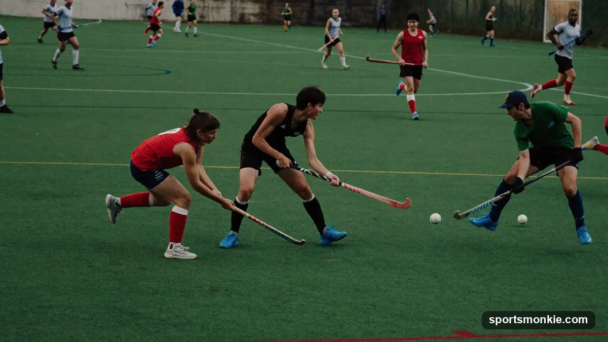 Field hockey pitch showing goalkeeper, defenders, midfielders and forwards in a 4-3-3 formation