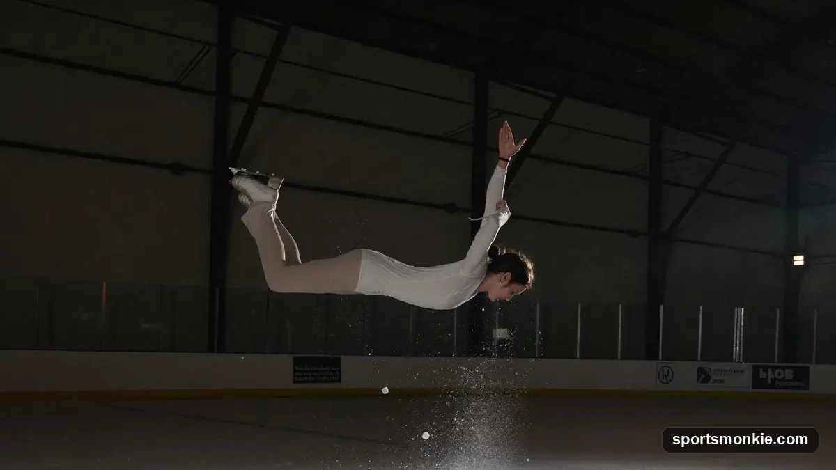Figure skater mid-air performing a rotational jump above the ice