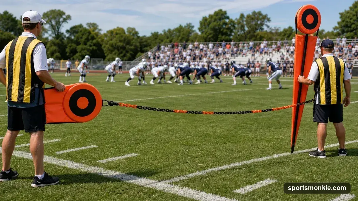 American football yard markers and a first-down chain on the field
