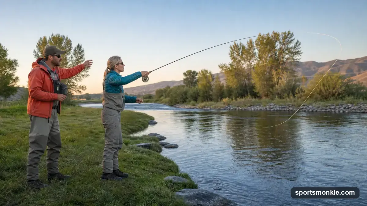 A beginner fly angler practising a cast on a calm stocked pond with a fly rod loaded mid-air
