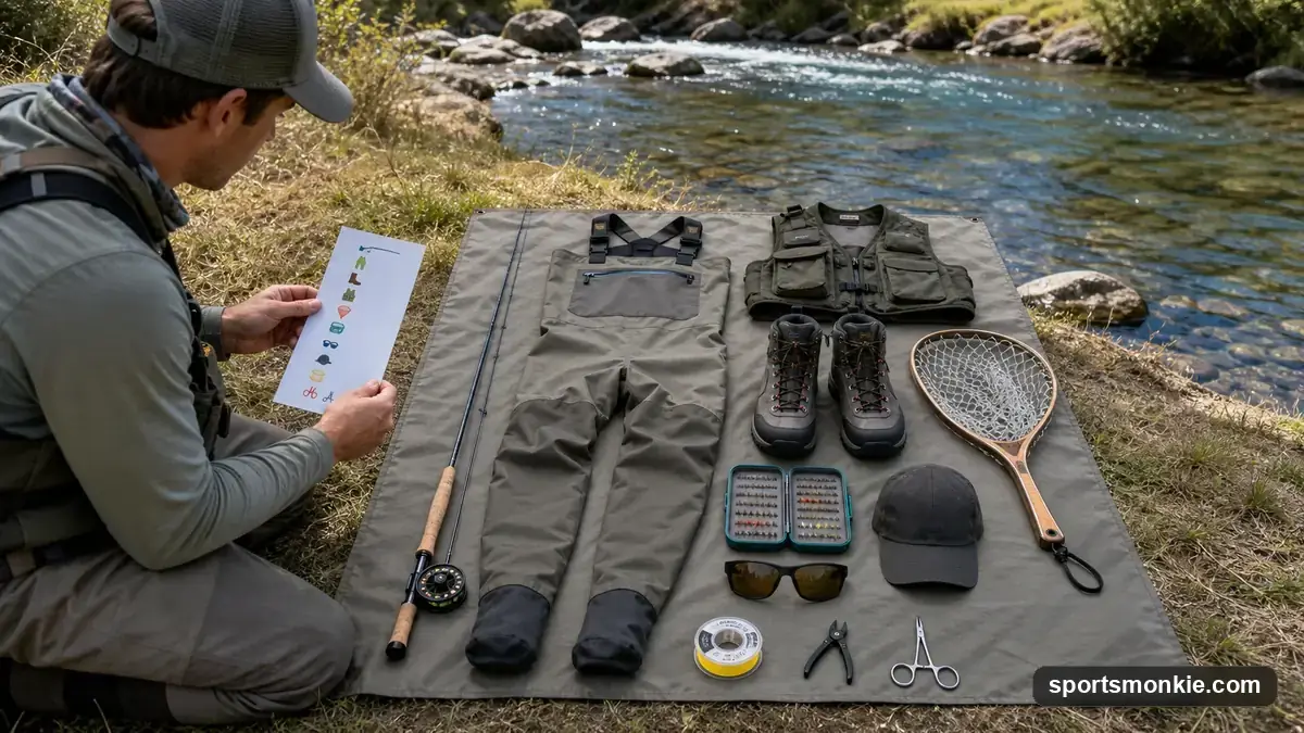 Beginner fly fishing gear kit laid out: waders, boots, vest, fly box, nippers, and forceps
