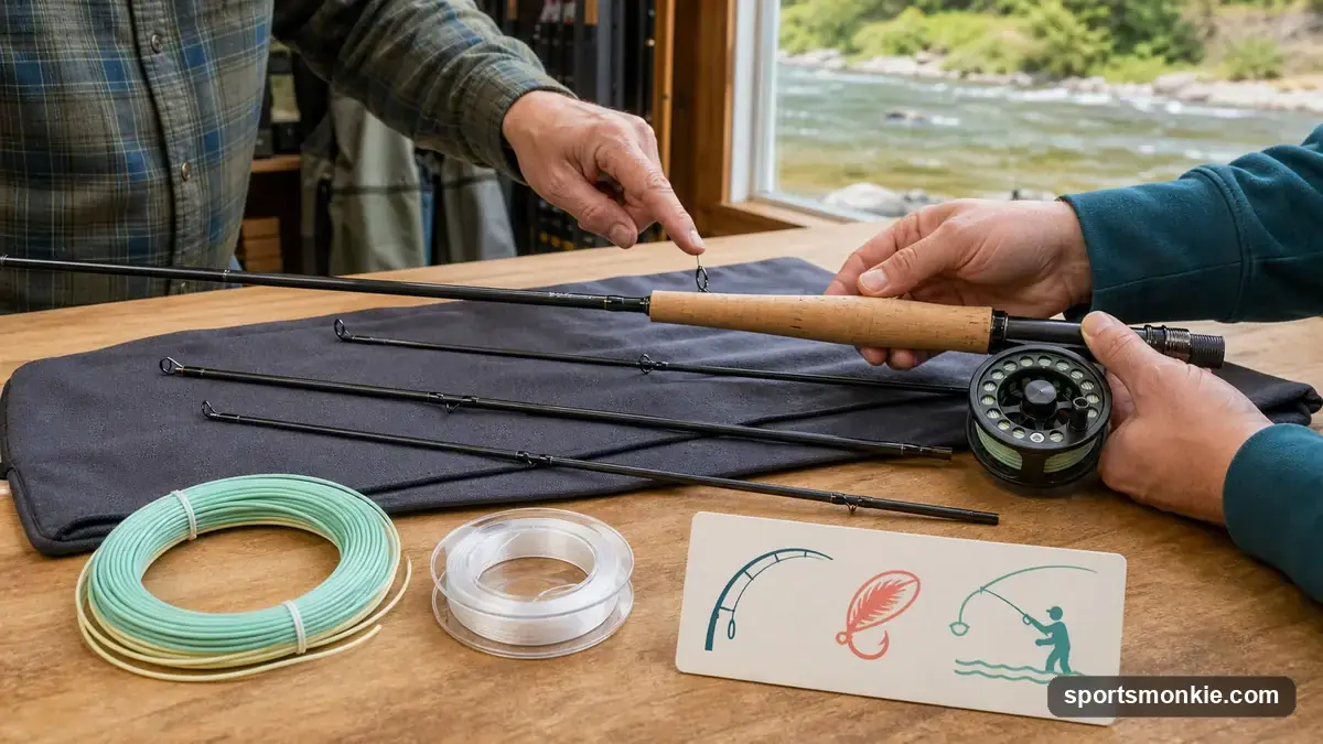 A beginner fly angler casting a 9-foot 5-weight fly rod on a river, with reel, line, and leader visible