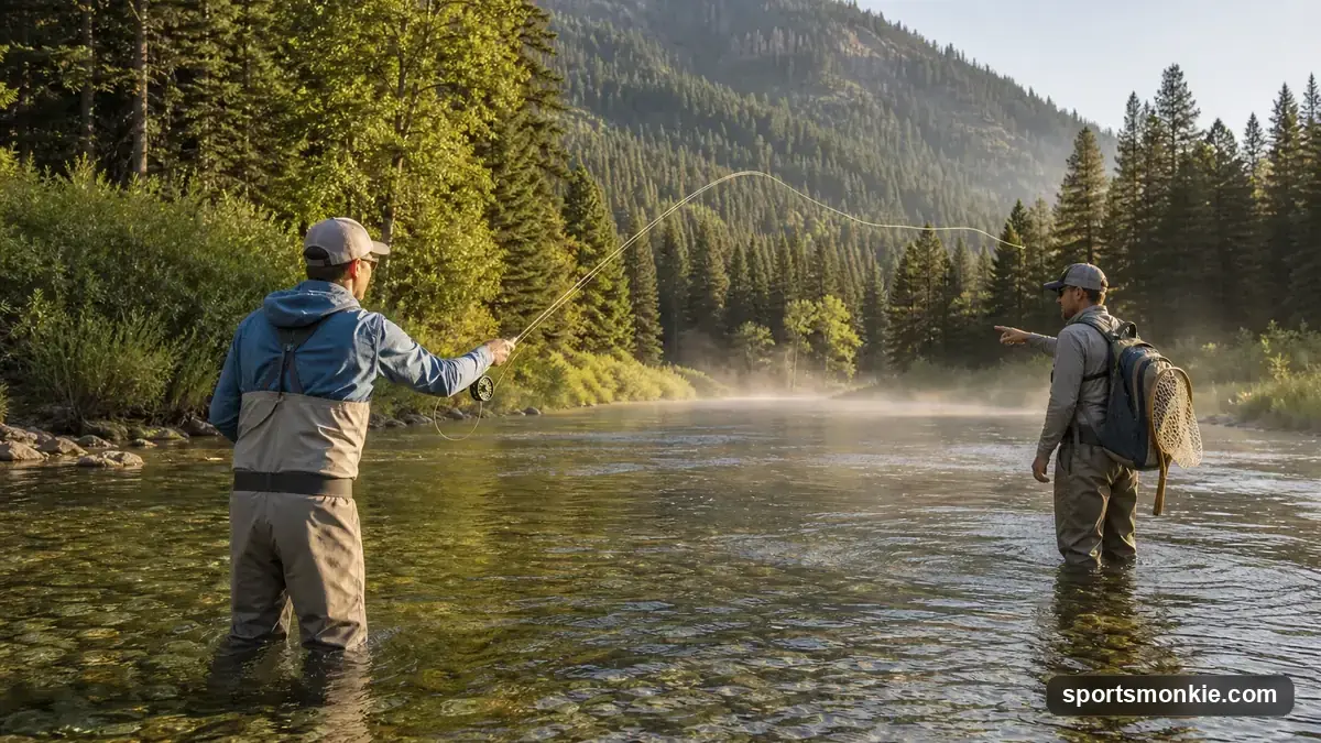 Beginner angler wading a shallow trout stream with a guide, fly rod bent into a fish, forested riverbank in the background