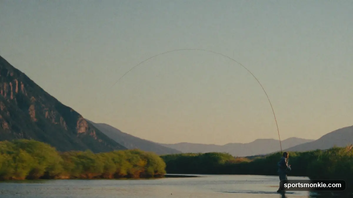 An angler casting a fly rod over a river, illustrating how fly rod line weight is matched to the fishing