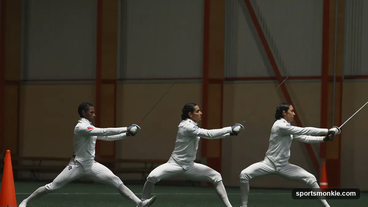 Three fencing weapons, foil, epee and sabre, laid side by side with masks