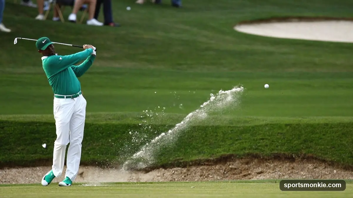 Golfer striking a crisp iron shot off the fairway with turf spraying up behind the ball