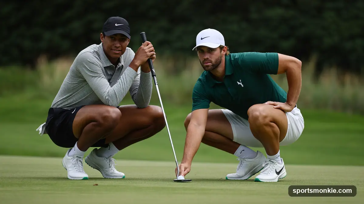 Two golfers reading a putt together on a Ryder Cup-style green