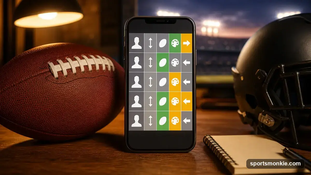 An American football beside a smartphone showing a blank attribute-guess grid, warm desk light