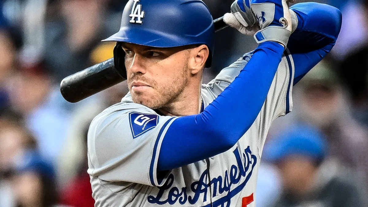 File photo from 23 April 2024: Freddie Freeman batting for the Los Angeles Dodgers at Washington. It does not show the NLCS or his Thursday press conference. The cropped 16:9 derivative is offered under the same CC BY-SA 2.0 licence as the original.