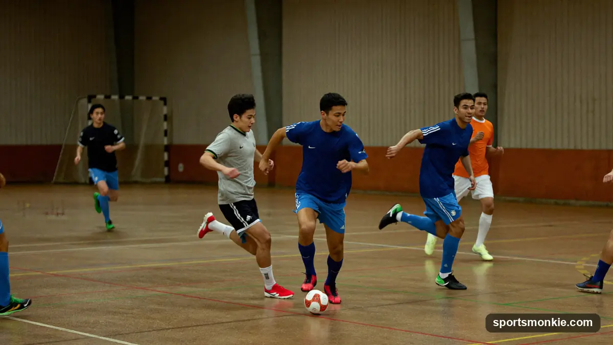 Indoor futsal match on a hard court, players controlling a small ball in motion