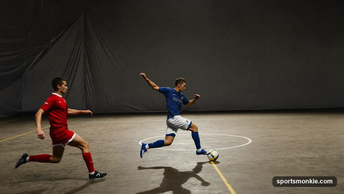 Split scene of a futsal court with a low-bounce ball beside a walled indoor soccer arena