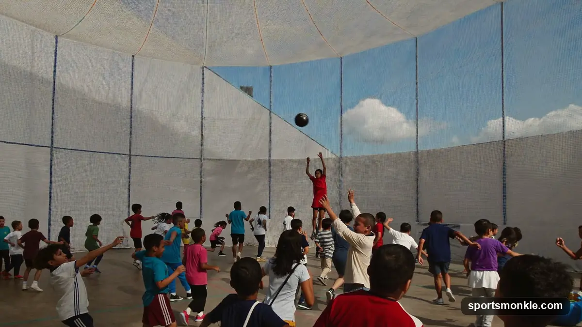 Gaga ball rules: players in an octagonal pit hitting a soft ball to strike opponents below the knee