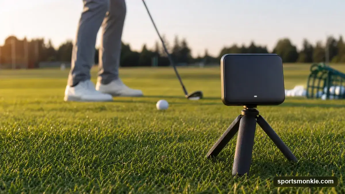 Garmin Approach R10 launch monitor on a tripod facing a golfer hitting into a simulator screen