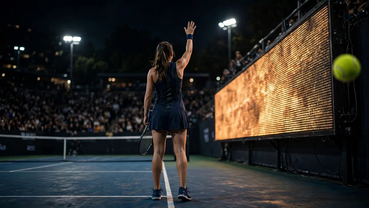 A lone tennis player seen from behind with one hand raised toward a glowing, flickering LED advertising board beside a floodlit hard court at night, a ball frozen in mid-air, editorial graphic