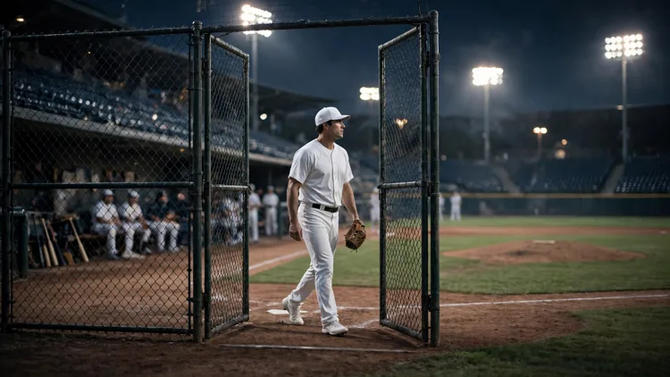 A generic baseball pitcher in a plain white unbranded uniform walking through an open bullpen gate toward the mound at a floodlit night stadium, editorial graphic