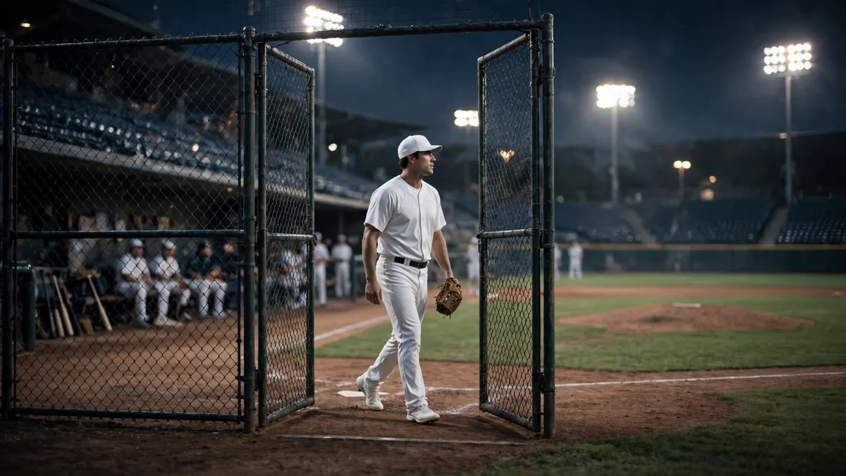 A generic baseball pitcher in a plain white unbranded uniform walking through an open bullpen gate toward the mound at a floodlit night stadium, editorial graphic