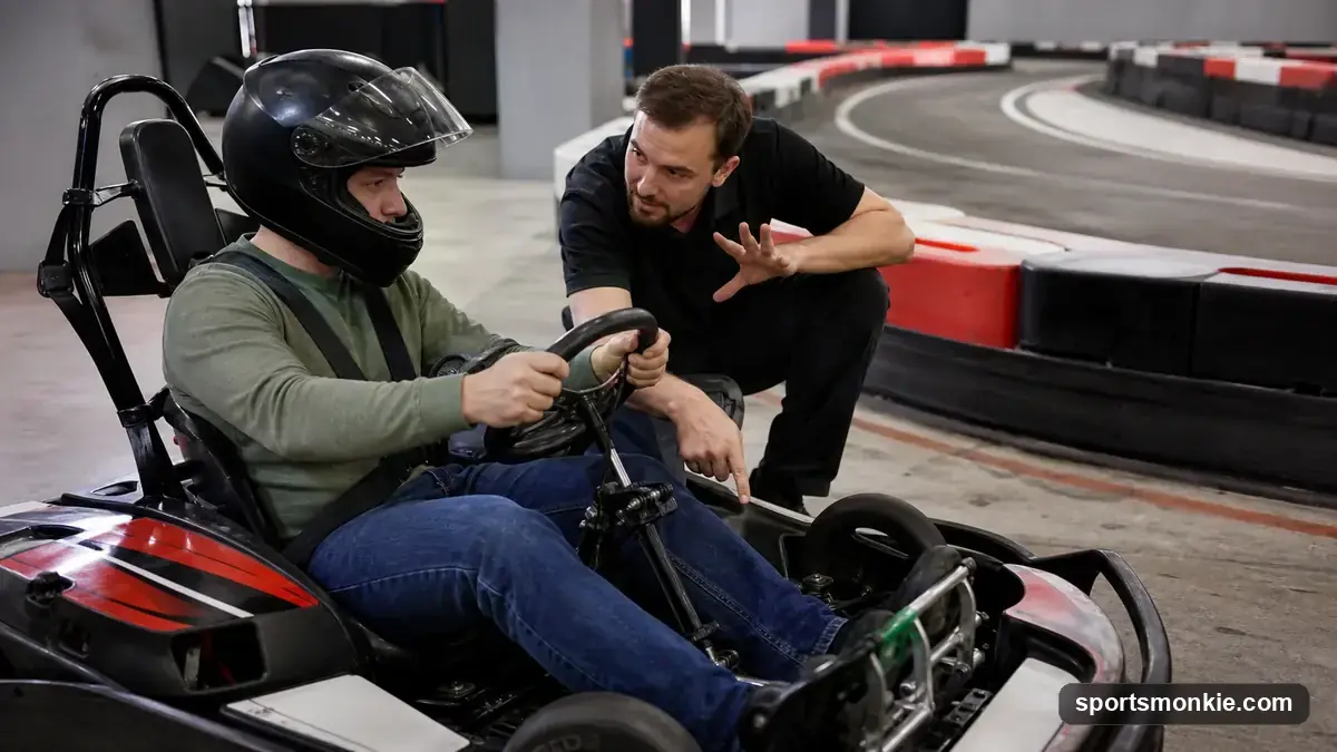 First-time adult racer in a helmet climbing into an indoor electric go-kart