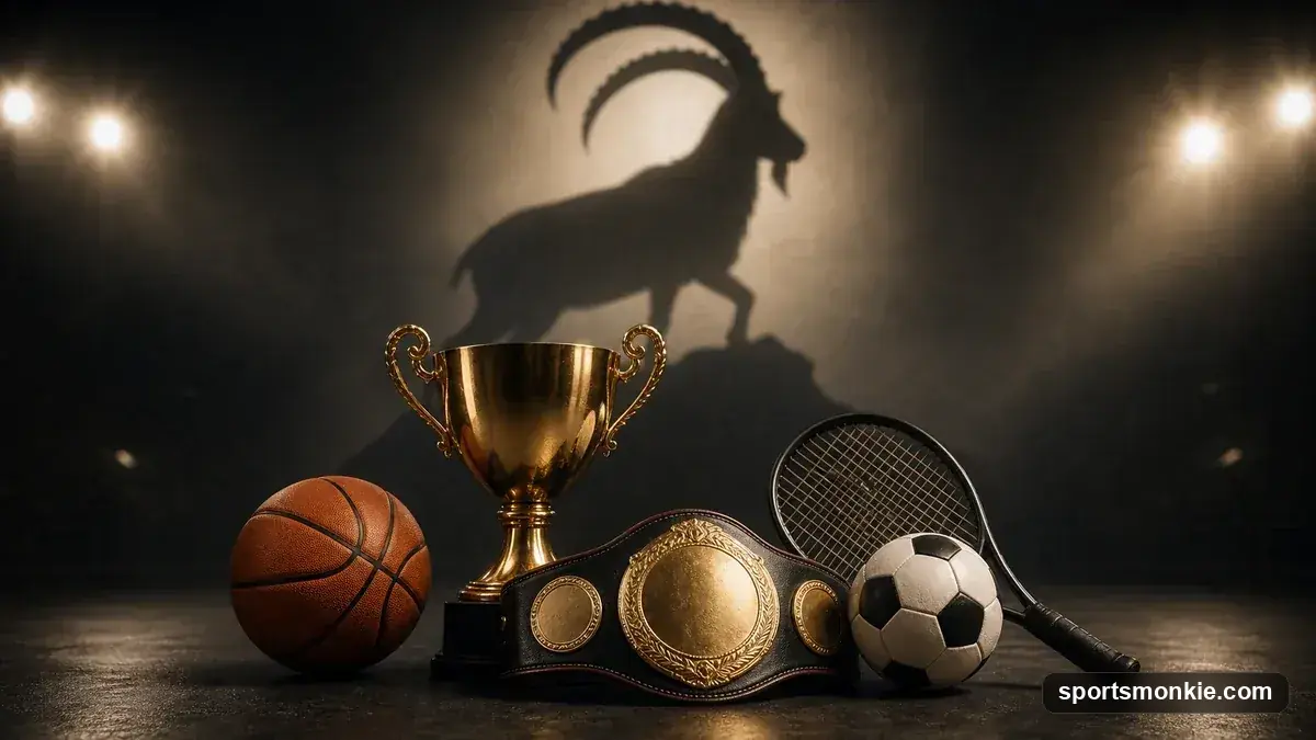 A collage of iconic sports trophies with a GOAT silhouette, representing the greatest-of-all-time debate