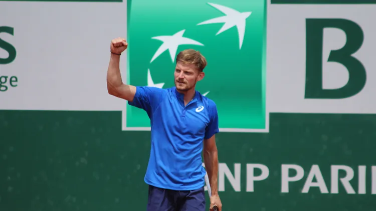 File photo from May 29, 2019: David Goffin raising a fist after winning a match at the French Open in Paris. It is a file photo and does not show Brussels or Wednesday's match against Remy Bertola. The cropped 16:9 derivative is offered under the same CC BY-SA 4.0 licence as the original.