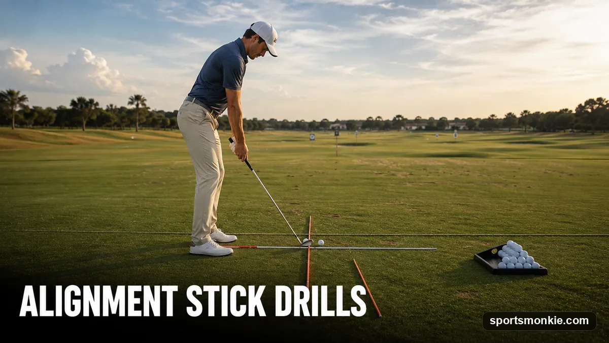 A golfer setting up two alignment sticks on the range as railroad tracks to train aim and swing path