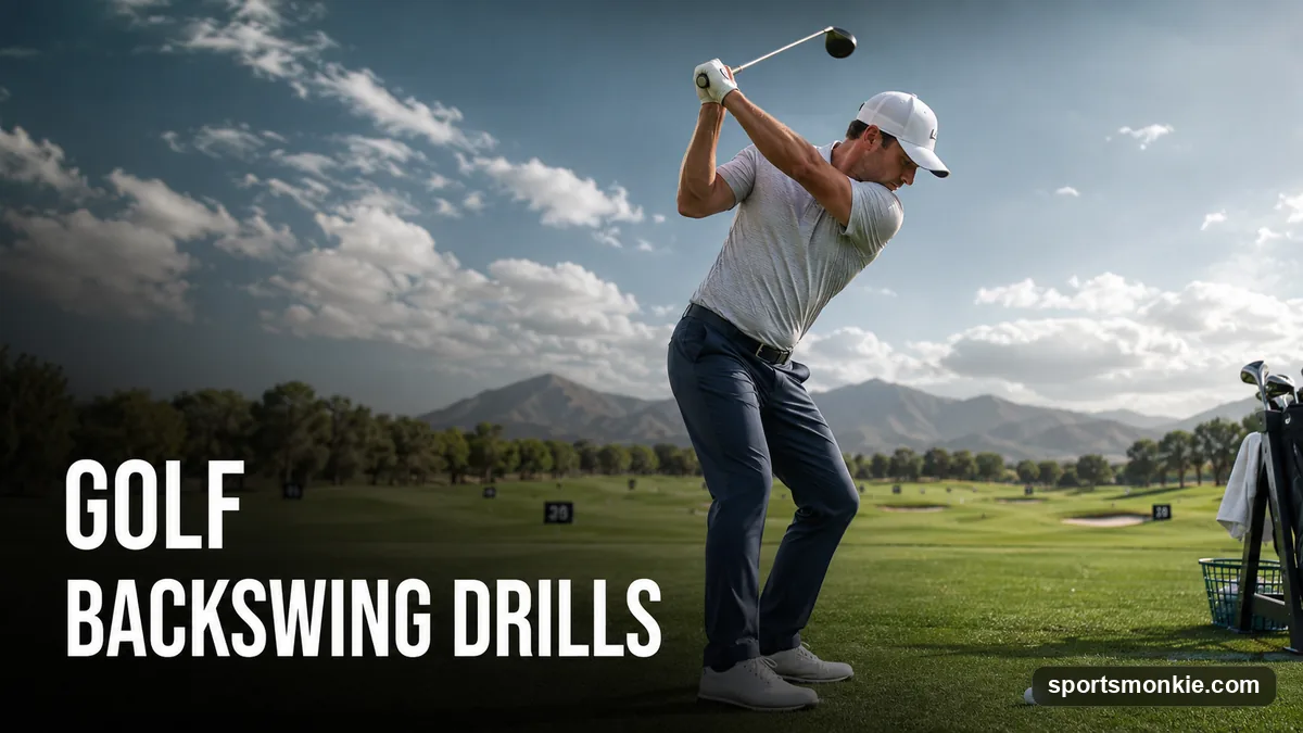A golfer rehearsing a backswing drill in front of a mirror to check shoulder turn and plane