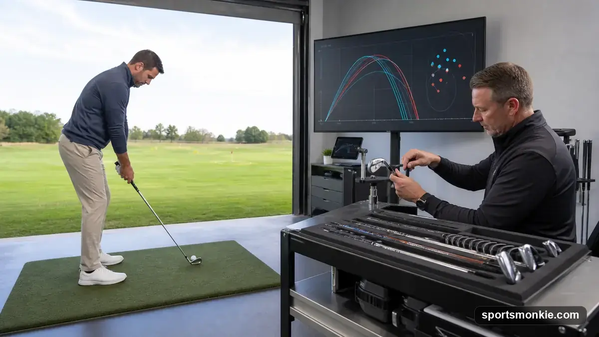 Golfer being fitted for a driver using a launch monitor and shaft testing rack in a golf fitting bay