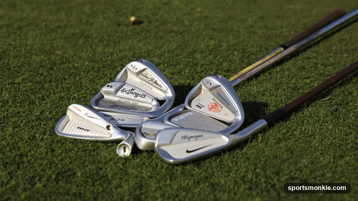 A full set of golf irons and wedges fanned out on green turf, faces angled to catch the sun