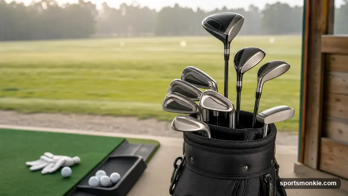 Beginner golf club set with driver, irons, wedge, and putter laid out on a golf bag