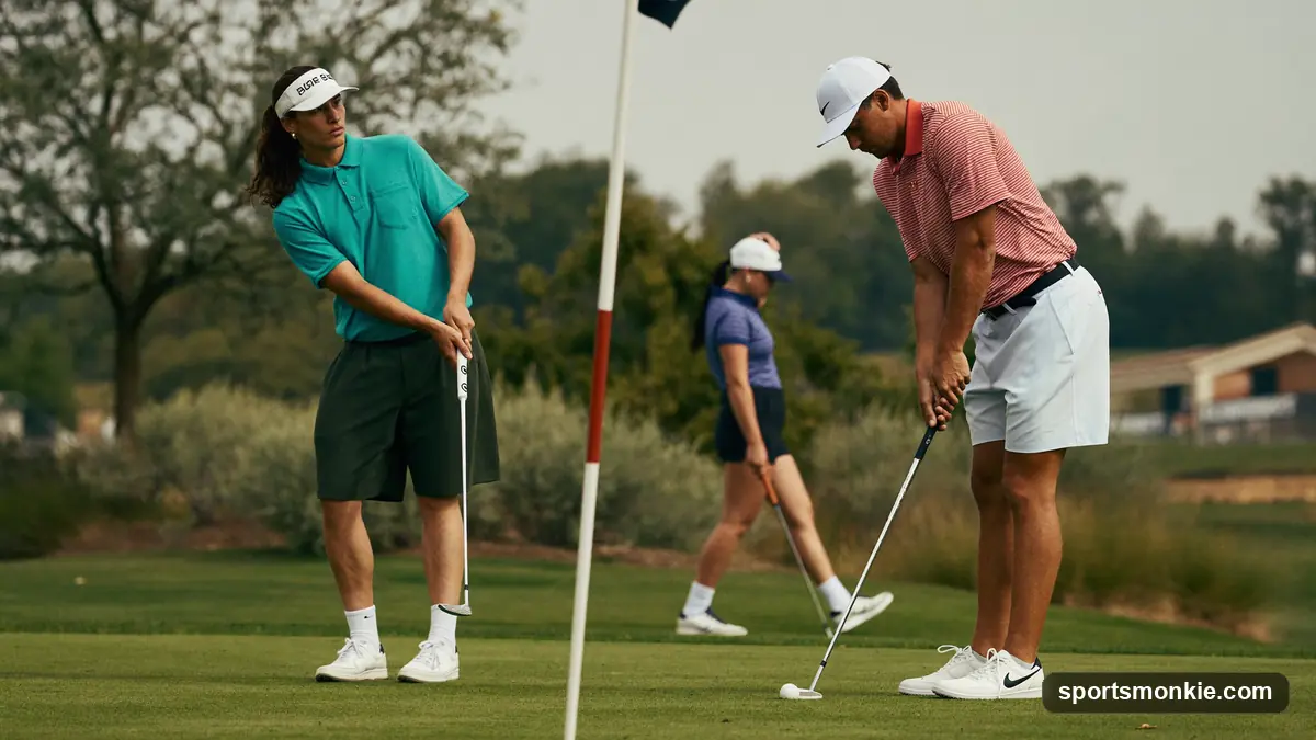 Two golfers waiting quietly beside the green while a playing partner lines up a putt