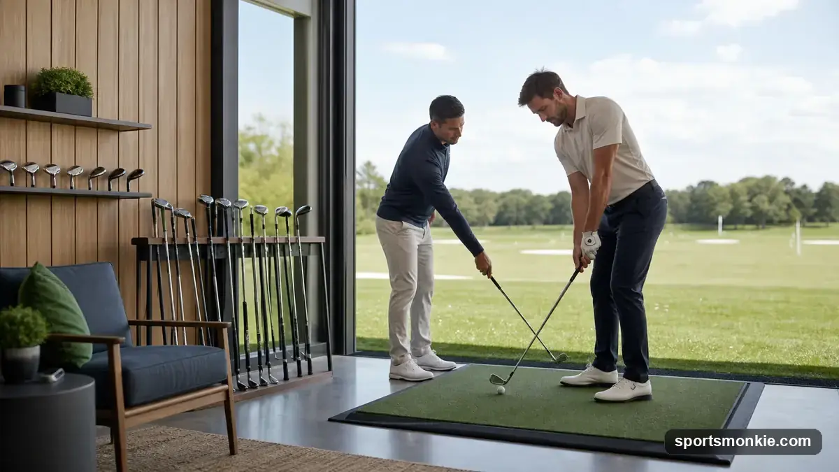 Golfer receiving a swing lesson from a PGA professional inside a Golf Galaxy hitting bay with launch monitor technology