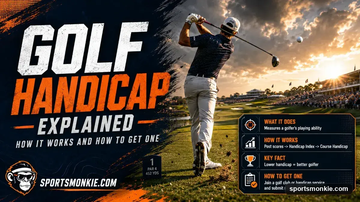 Golfer mid-swing on a sunlit course, illustrating the golf handicap system