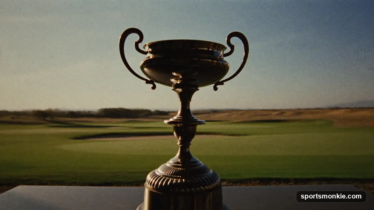 Golf trophy and flagstick on a championship course green under bright sky