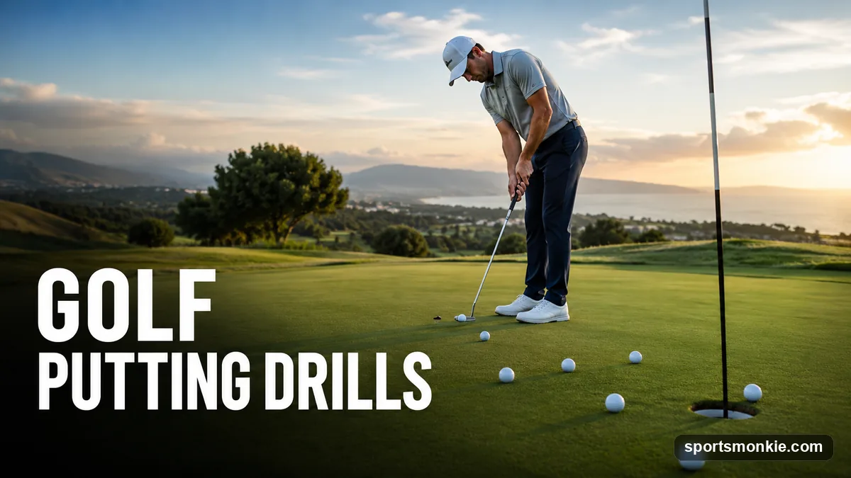 A golfer practicing the gate drill with two tees on a putting green to fix start line