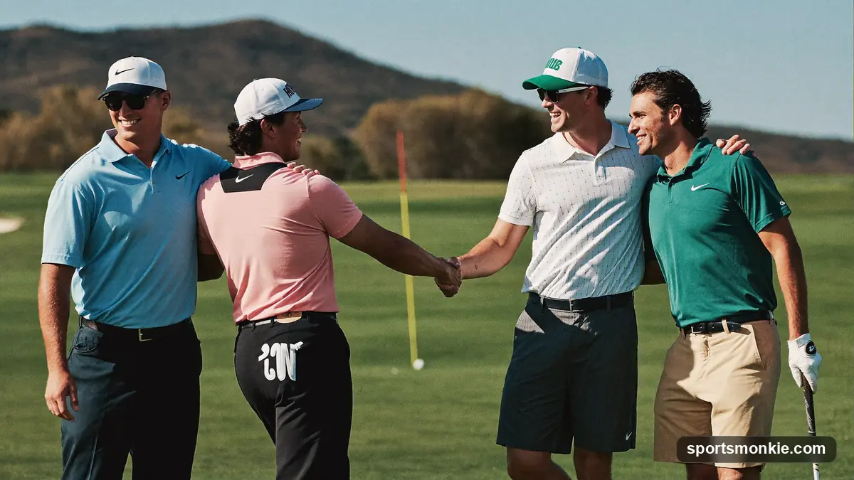 Four golfers gathered on a green marking scorecards during a casual money match