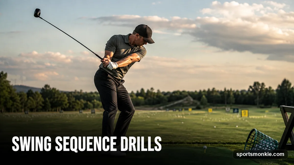 A golfer running a step-through sequence drill on the range to train a lower-body-first downswing