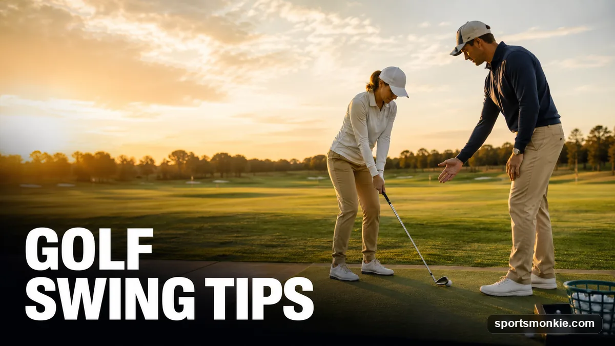 Beginner golfer at address on a driving range demonstrating proper setup and swing checkpoints