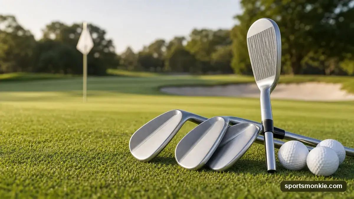 Set of golf wedges with varying lofts laid out on grass beside golf balls near a practice green