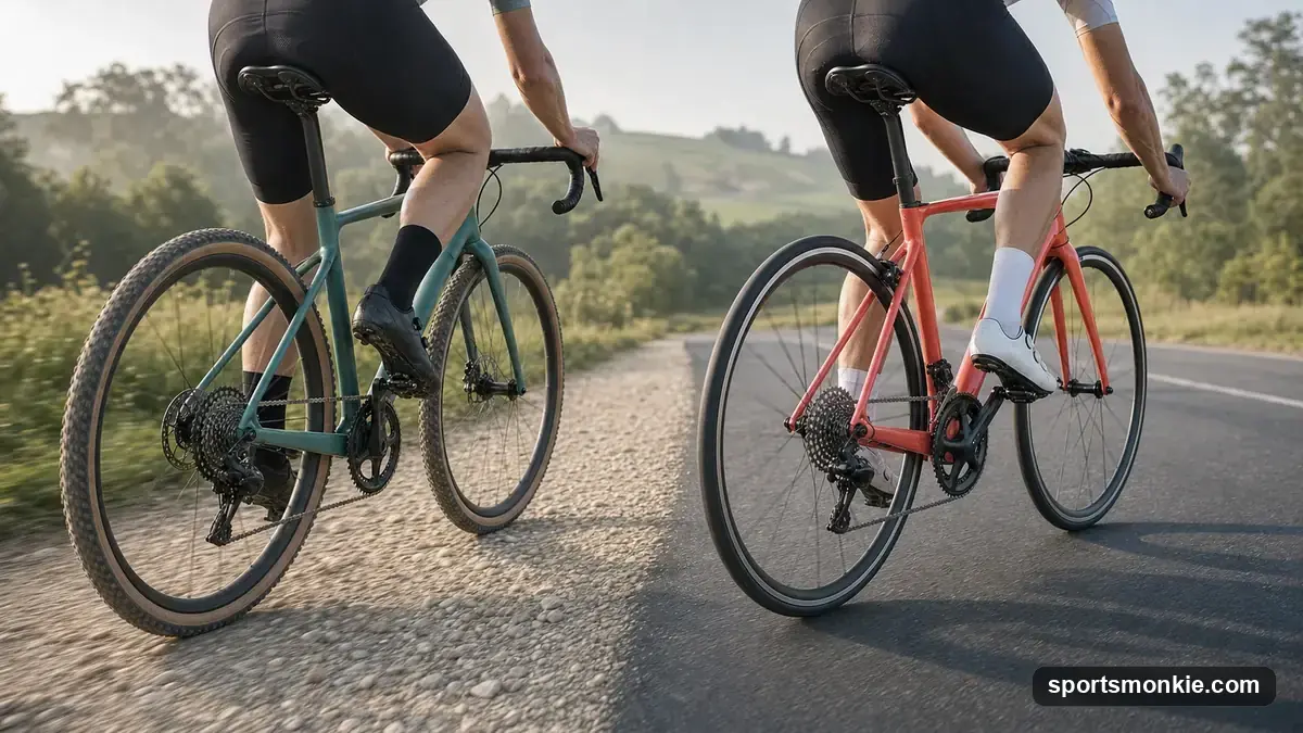 Gravel bike with wide knobby tires next to a road bike with narrow slick tires on pavement