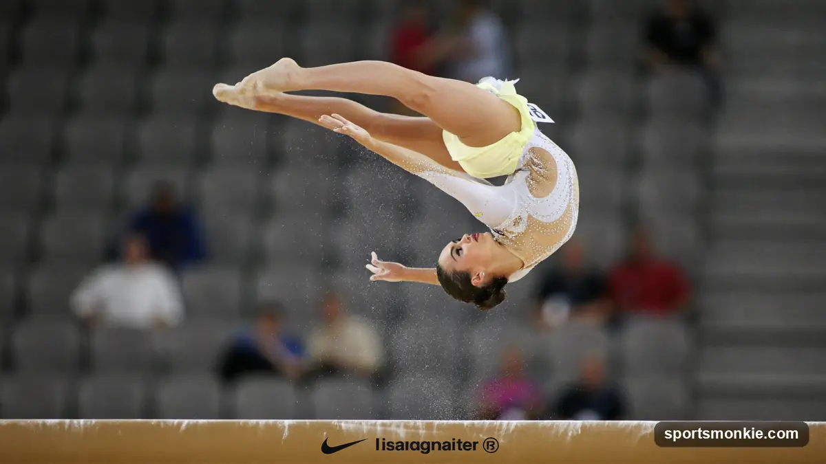 A female artistic gymnast in mid-air above the balance beam during a competition routine, with the judging panel and scoreboard visible behind the podium