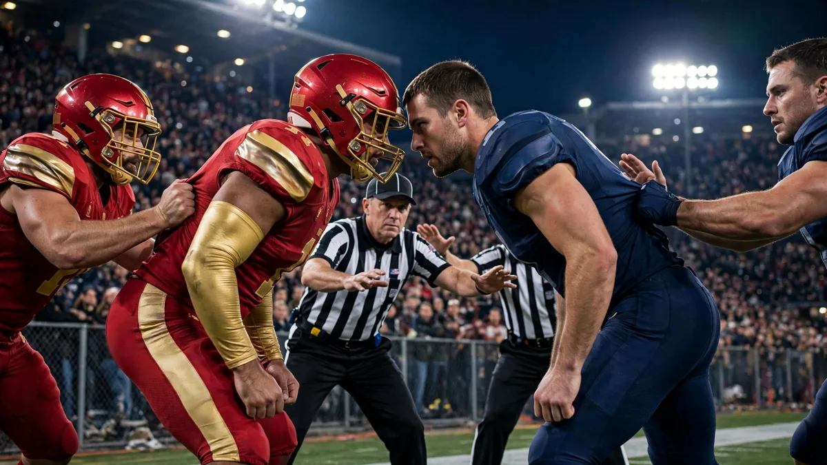 A generic helmeted linebacker in an unbranded red and gold uniform face to face with a bare-headed generic opponent in dark blue on a night-game sideline as referees step between them, editorial graphic