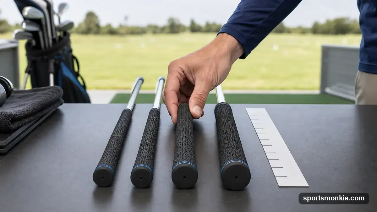 Golfer's hand gripping a club, showing where the fingers meet the palm for grip size fitting