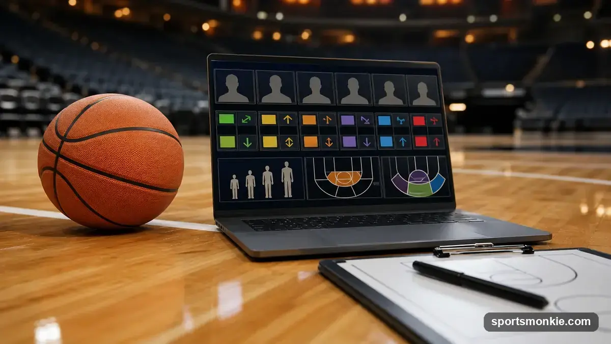 A basketball on a polished hardwood court beside a laptop showing a blank guessing grid