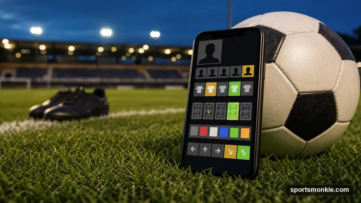 A soccer ball on grass beside a phone showing a blank guessing grid, evening light