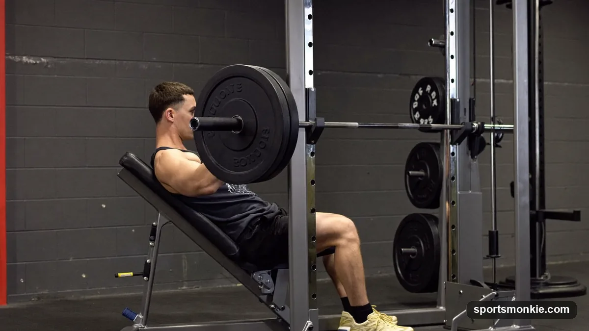 A lifter demonstrating proper machine hack squat form with back flat against the pad and thighs parallel