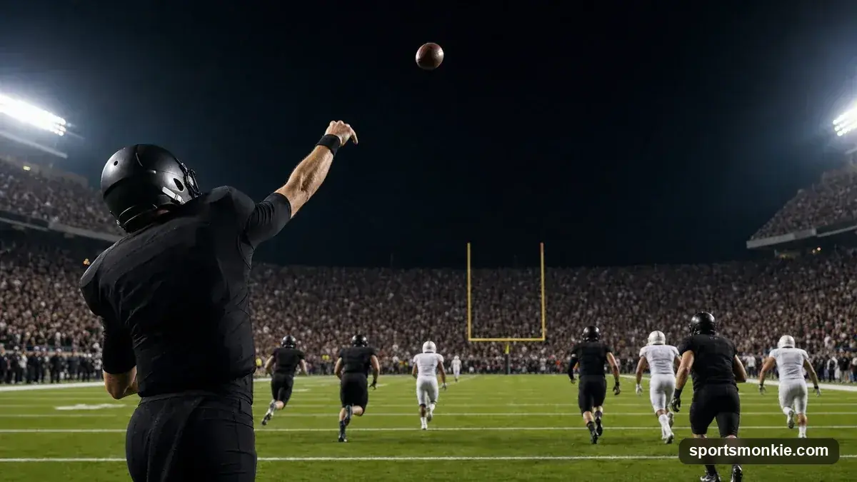 An American football quarterback throwing a long pass downfield, representing a Hail Mary play