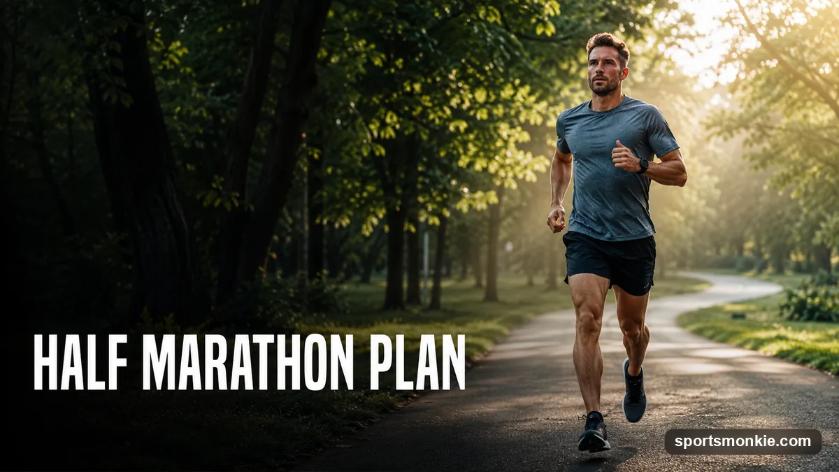 A runner on a road during a long training run, following a 12-week half marathon plan