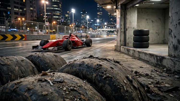 Worn, grainy race tyres in the foreground of a floodlit night street circuit pit lane, a fresh tyre stack waiting unused in an open pit box and a generic unbranded red open-wheel car driving past it, editorial graphic