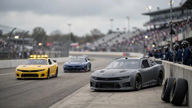A generic grey stock car on the pit lane apron with fresh tires waiting against the wall while a pace car and a rival car pass on the main track, editorial graphic